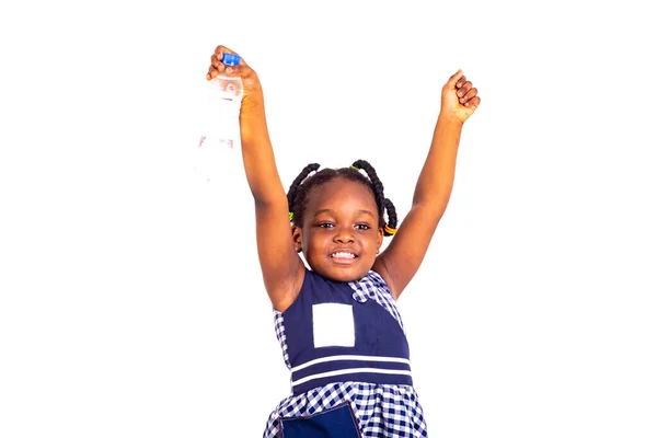 Cute Little Girl Dressed School Clothes Happy Raising Both Hands — Stock Photo, Image