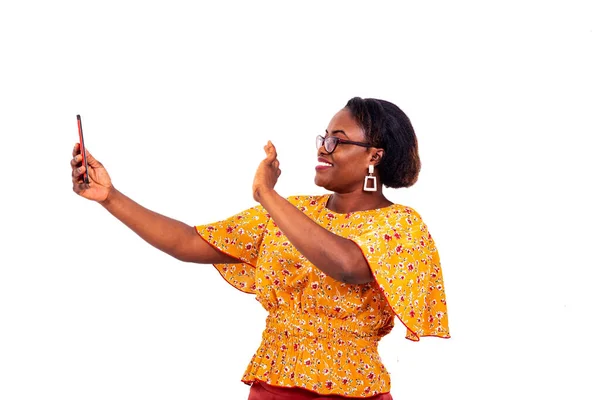 Beautiful Businesswoman Glasses Standing White Background Making Video Call Using — Stock Photo, Image