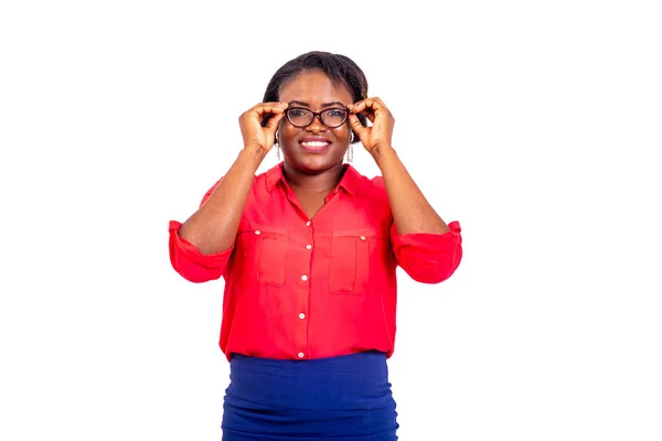 Portrait Beautiful Young Businesswoman Looking Her Optical Glasses While Smiling — Stock Photo, Image