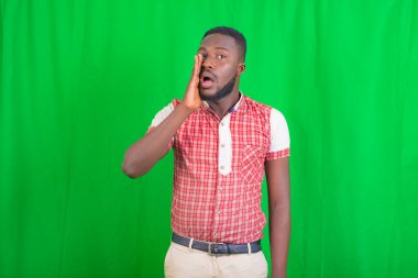 Yeşil arka planda duran yakışıklı bir gencin portresi..