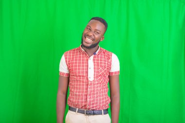 Gülümserken yeşil arka planda duran yakışıklı bir gencin portresi..