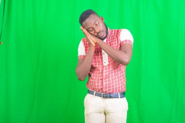 Yakışıklı bir gencin portresi. Gözleri kapalı uyuma hareketi yapıyor..