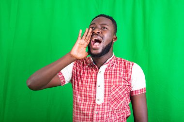 Yakışıklı, sakallı, yeşil arka planda duran ve eli ağzının yanında bağıran bir adam..