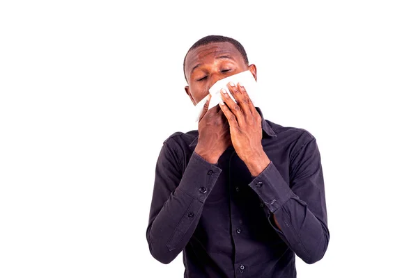 Joven Hombre Negocios Pie Limpiando Sudor Con Pañuelo Blanco — Foto de Stock