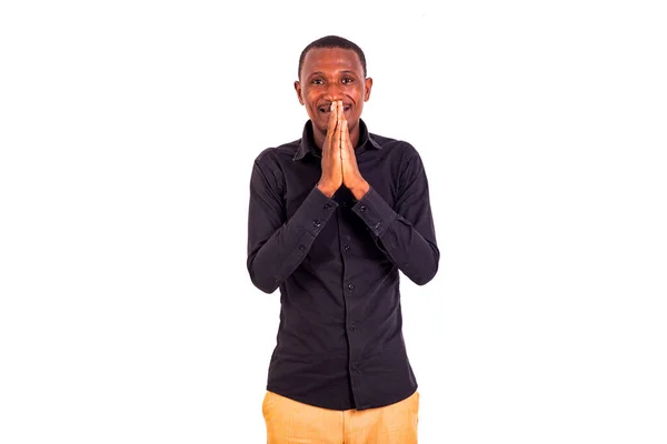 Portrait Young Businessman Wearing Black Shirt Holding His Hands Clasped — Stock Photo, Image