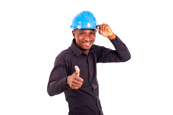 Retrato Jovem Engenheiro Construção Sexo Masculino Vestindo Chapéu Azul Duro — Fotografia de Stock