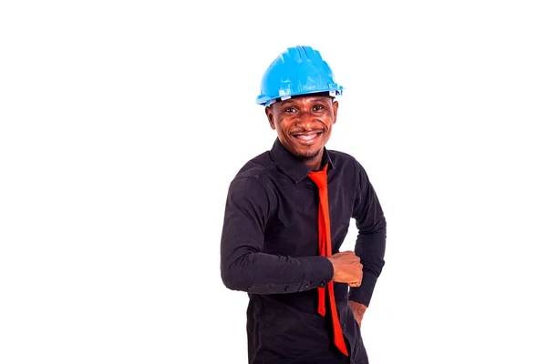 Retrato Jovem Engenheiro Vestindo Capacete Segurança Azul Enquanto Sorri Para — Fotografia de Stock