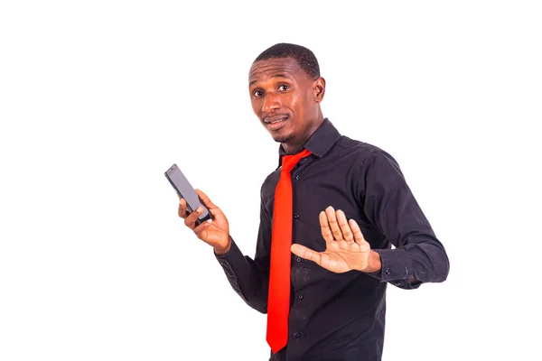 Retrato Joven Empresario Sosteniendo Teléfono Móvil Haciendo Gesto Stop Con —  Fotos de Stock