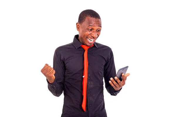 Portrait Young Happy Young Man Using Mobile Phone Making Winning — Stock Photo, Image