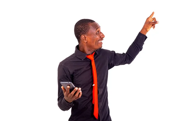 Portret Van Een Jonge Man Met Mobiele Telefoon Wijzende Vinger — Stockfoto