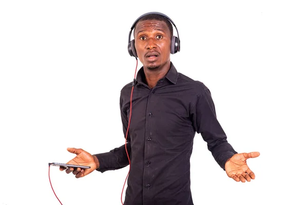 Student Shirt Standing White Background Listening Music Using Cellphone Headphones — Stock Photo, Image