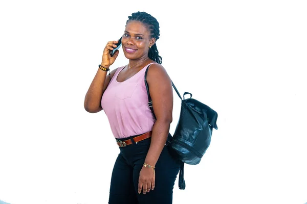 Portrait Beautiful Young Woman Wearing Black Backpack Talking Mobile Phone — Stock Photo, Image