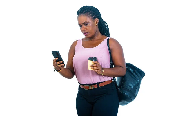 Young Woman Student Wearing Black Backpack Holding Mobile Phone One — Stock Photo, Image