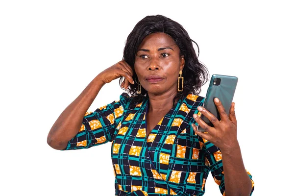 Beautiful Adult Woman Standing Mobile Phone — Stock Photo, Image