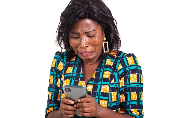 Adult Woman Holding Mobile Phone Crying Receiving Bad News — Stock Photo, Image