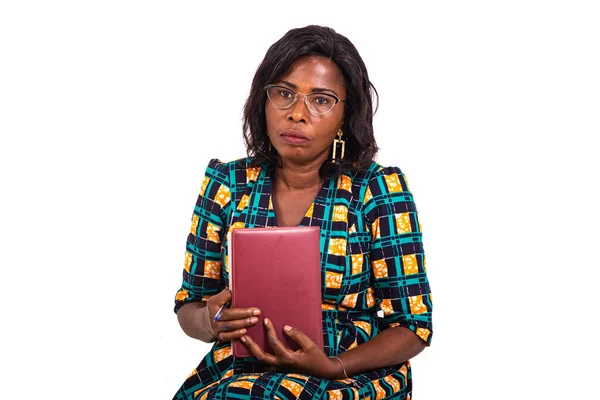 Adult Business Woman Sitting Holding Notebook — Stock Photo, Image