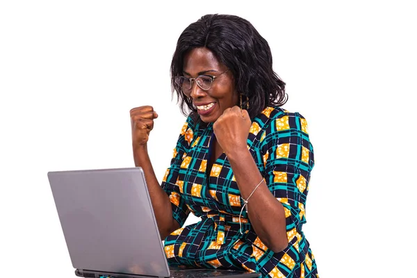 Beautiful Happy Adult Business Woman Sitting Using Laptop Computer Making — Stock Photo, Image