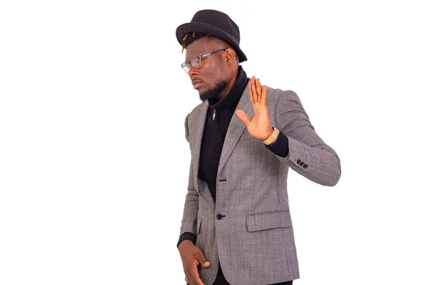 Portrait Handsome Young Businessman Wearing Elegant Suit Making Stop Gesture — Stock Photo, Image