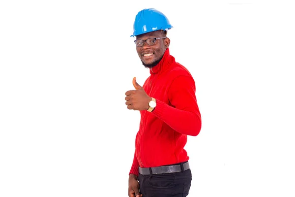 Engenheiro Homem Vestindo Capacete Segurança Sobre Fundo Branco Mostrando Gesto — Fotografia de Stock