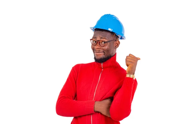 Bonito Jovem Engenheiro Construção Masculino Vestindo Azul Chapéu Duro Apontando — Fotografia de Stock