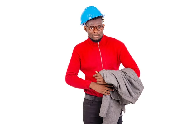 Jovem Engenheiro Construção Homem Negócios Vestindo Chapéu Azul Duro Segurando — Fotografia de Stock