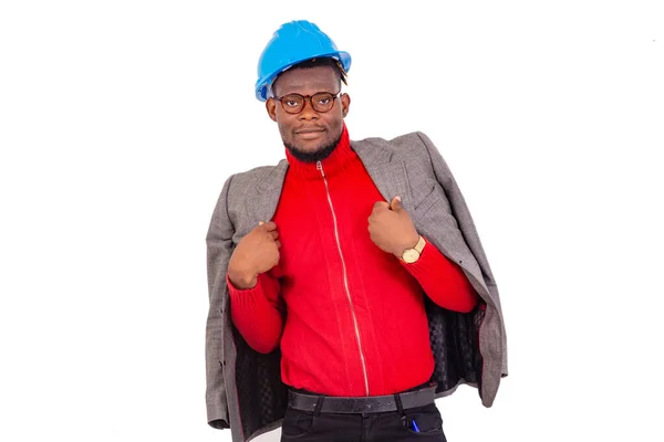 Молодий Бізнесмен Інженер Будівельник Синьому Твердому Капелюсі Куртці — стокове фото