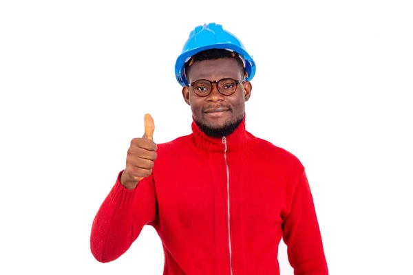 Jovem Engenheiro Construção Masculino Vestindo Chapéu Azul Duro Mostrando Seu — Fotografia de Stock