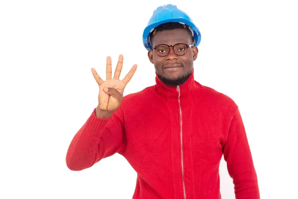 Jovem Engenheiro Construção Masculino Vestindo Chapéu Azul Duro Mostrando Quatro — Fotografia de Stock