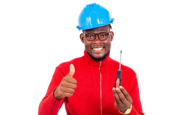 Jovem Engenheiro Construção Masculino Vestindo Chapéu Azul Duro Segurando Chave — Fotografia de Stock