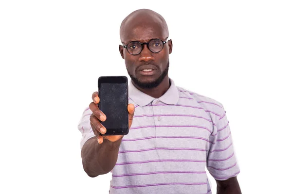 Jeune Homme Portant Des Lunettes Optiques Montrant Écran Téléphone Portable — Photo