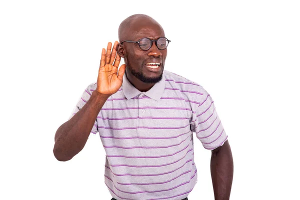 Jovem Homem Negócios Usando Óculos Ópticos Ouvindo Rumores Com Mão — Fotografia de Stock