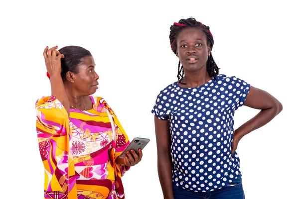 Two Female Friends Using Mobile Apps Online Shopping Standing White — Stock Photo, Image