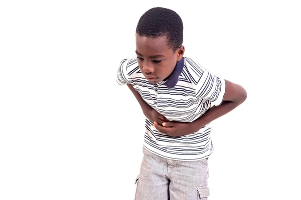 Jonge Jongen Shirt Gebogen Witte Achtergrond Aanraken Buik Met Handen — Stockfoto