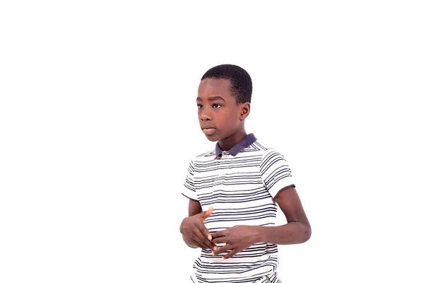 Młody Chłopiec Koszuli Tee Stoi Białym Tle Patrząc Dala Smutnym — Zdjęcie stockowe