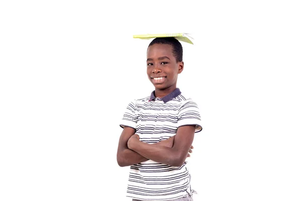 Young Boy Shirt Crossed Arms Standing White Background Carrying Notebook — Stock Photo, Image