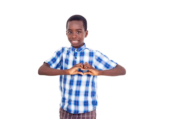 Young Boy Checkered Shirt Standing White Background Showing Love Gesture — Stock Photo, Image