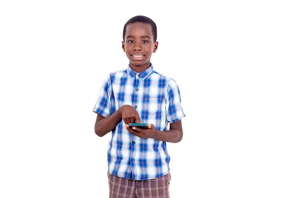 Young Boy Checkered Shirt Standing White Background Handling Cellphone Looking — Stock Photo, Image