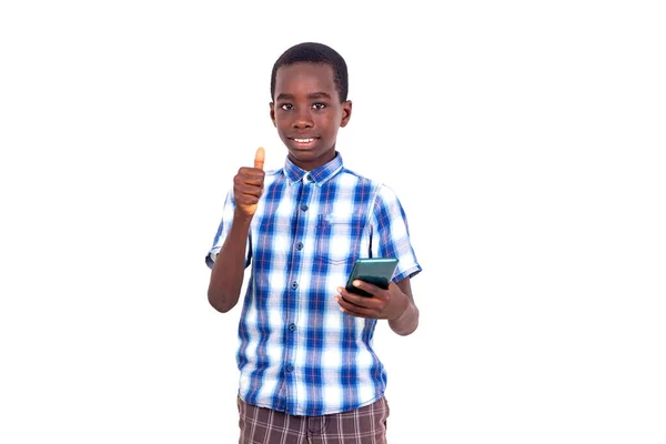 Young Boy Checkered Shirt Standing White Background Holding Cellphone Showing — Stock Photo, Image