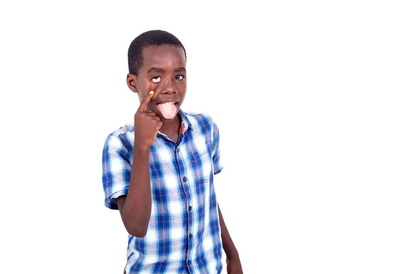 Young Boy Checkered Shirt Standing White Background Making Faces Showing — Stock Photo, Image