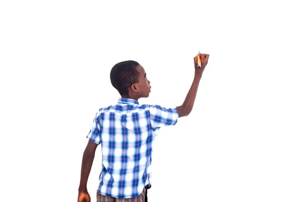 Pupil Plaid Shirt Standing Classroom Writing Blackboard Marker — Stock Photo, Image