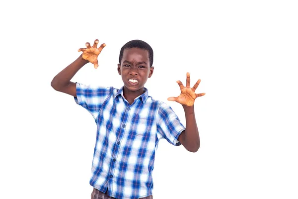 Kleiner Junge Karierten Hemd Steht Auf Weißem Hintergrund Und Macht — Stockfoto