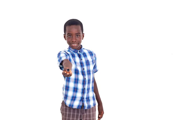 Pupil Checkered Shirt Standing White Background Showing Pen Smiling — Stock Photo, Image