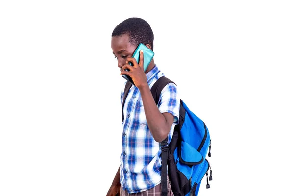 Colegial Camisa Cuadros Pie Sobre Fondo Blanco Con Mochila Hablando — Foto de Stock