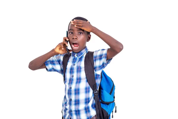 Schooljongen Geruite Shirt Staan Witte Achtergrond Dragen Rugzak Praten Mobiele — Stockfoto