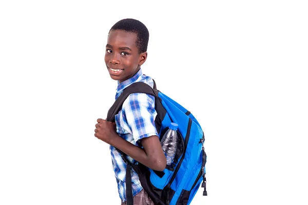 Student Checkered Shirt Standing White Background Wearing Backpack Looking Camera — Stock Photo, Image