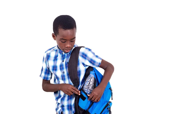 Pupil Geruite Shirt Staat Witte Achtergrond Slaan Fles Rugzak — Stockfoto