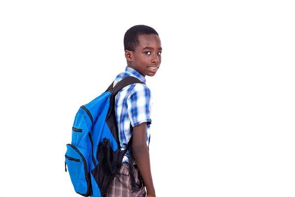 Élève Chemise Carreaux Debout Sur Fond Blanc Portant Sac Dos — Photo