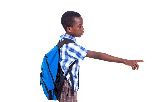 Pupil Geruite Overhemd Staand Witte Achtergrond Met Rugzak Terwijl Wijzende — Stockfoto