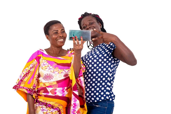 Two Beautiful Women Taking Photo Mobile Phone While Smiling — Stock Photo, Image