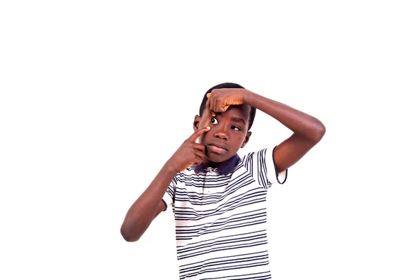 Young Boy Shirt Standing White Background Opening His Eye Using — Stock Photo, Image